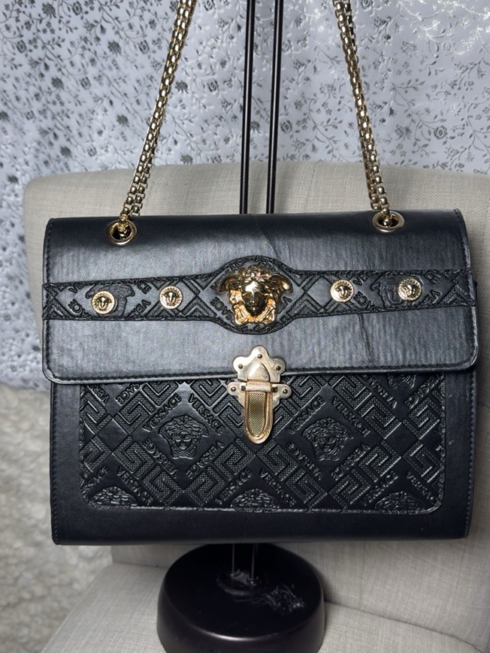 Versace Black Embossed Leather Shoulder Bag with Gold Accent Mendoza LOGO
